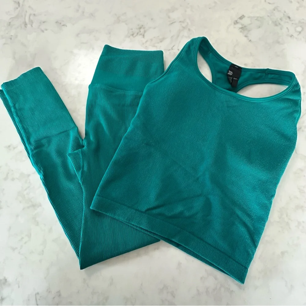 All in Motion Teal Ribbed Activewear Set. Leggings & matching Top/sports bra. - Picture 1 of 14